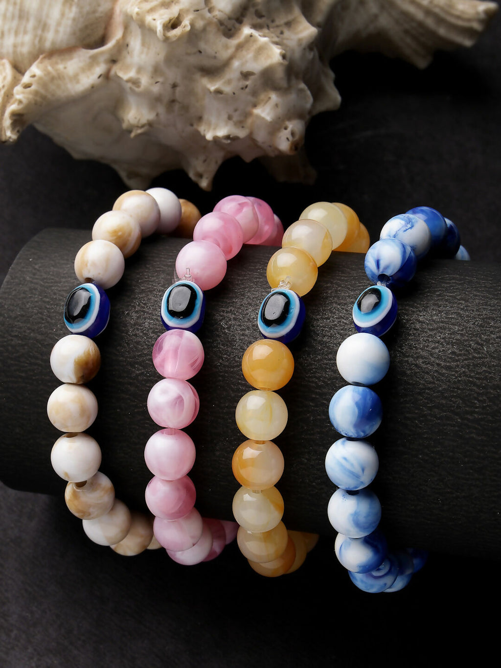 NVR Men & Women Set of 4 Artificial Beads-Beaded Evil Eye Elasticated Bracelet | Grocsy