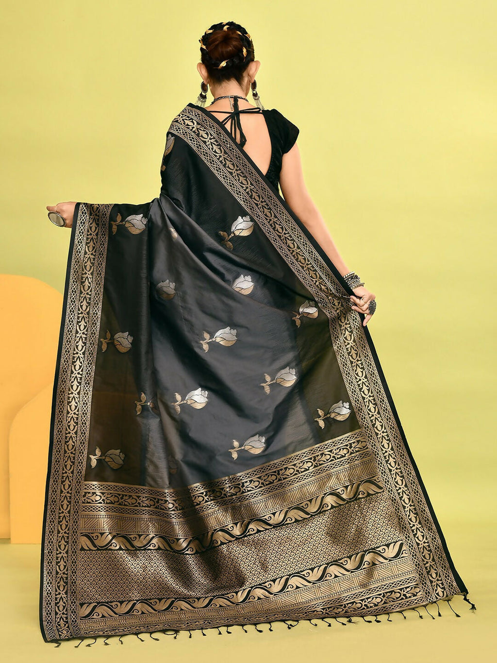 Joban Fashion Grey & Black Plain With Weaving Border Banarasi Silk Sarees | Grocsy