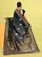 Joban Fashion Grey & Black Plain With Weaving Border Banarasi Silk Sarees | Grocsy