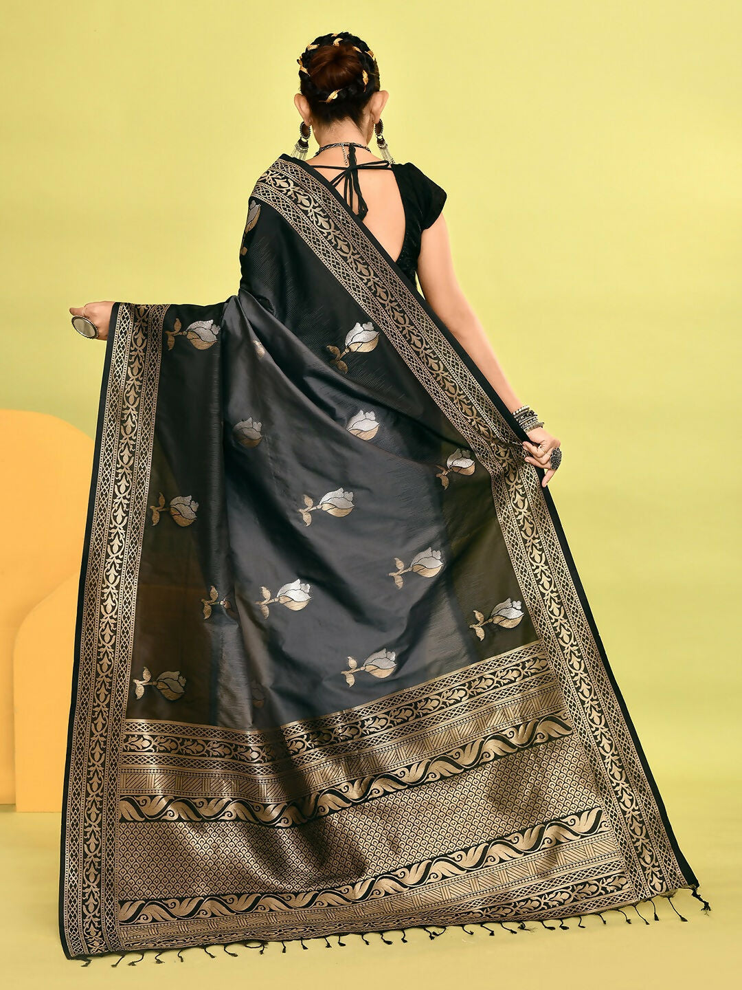 Joban Fashion Grey & Black Plain With Weaving Border Banarasi Silk Sarees | Grocsy