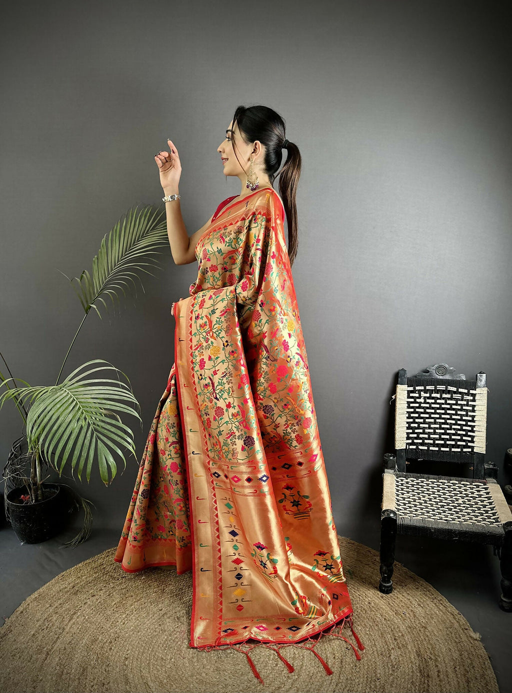 Joban Fashion Red Floral & Bird Motifs Soft Silk Paithani Saree | Grocsy
