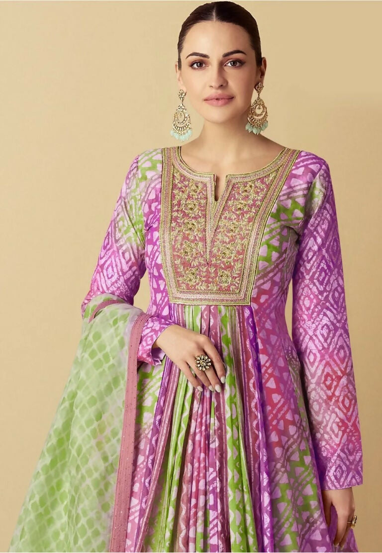 Vastranavya Lavender Muslin Printed Sequins Beads Work Abaya Style Anarkali Suit | Grocsy