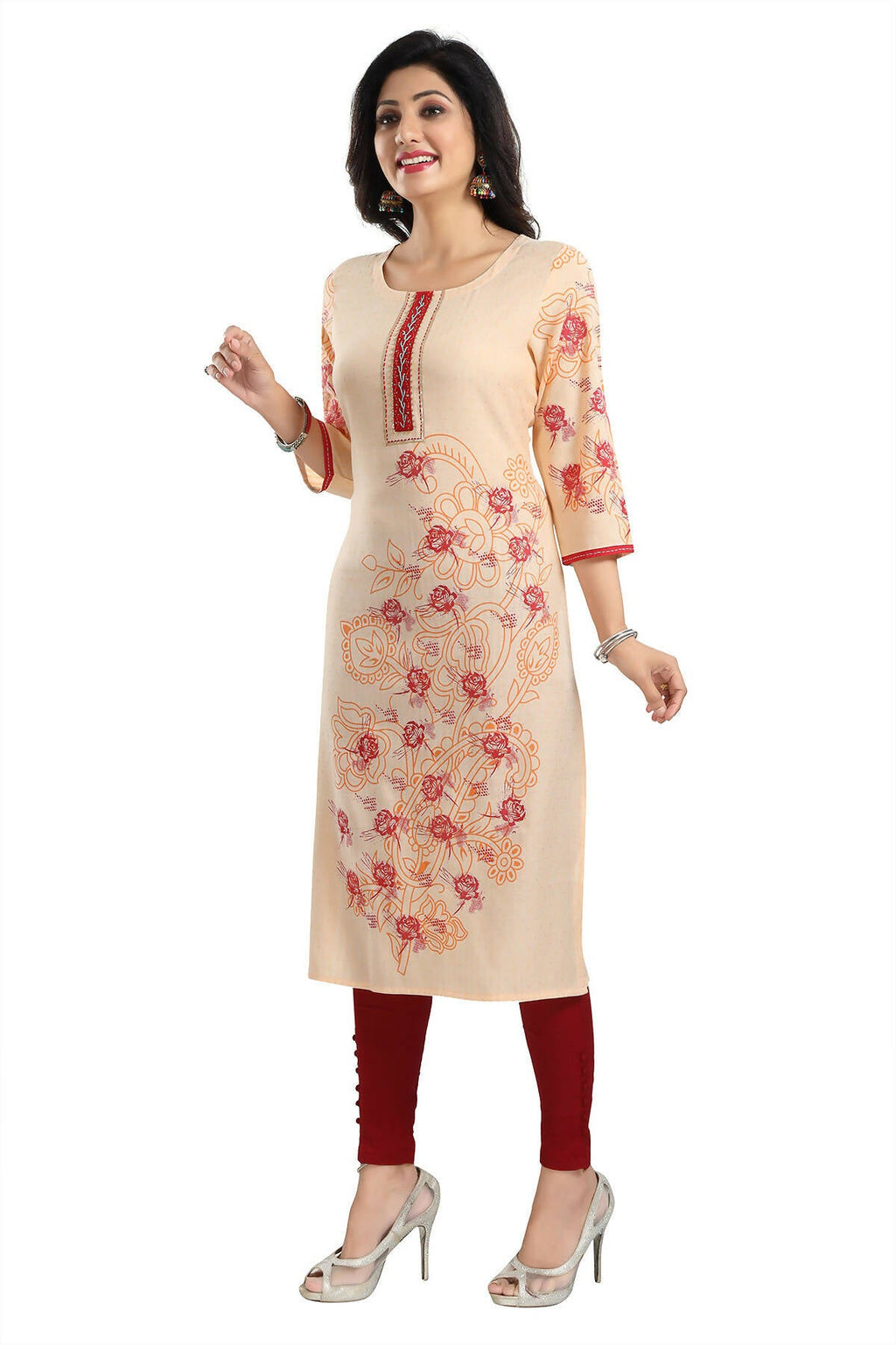 Snehal Creations Pleasing Peach Rayon Textured Print Long Kurta For Women | Grocsy