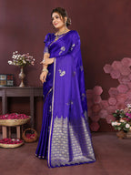 Joban Fashion Indigo Blue Floral Banarasi Silk Sarees | Grocsy