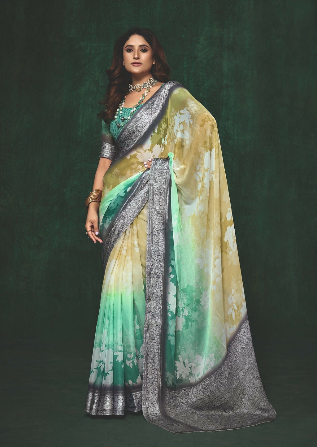 Joban Fashion Dola Silk With Zari Border Shaded Multi Color Work Saree | Grocsy