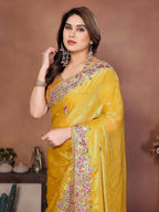 Teeya Creation New Womens Latest Party Wear Soft Chiffon Silk Saree-Yellow | Grocsy