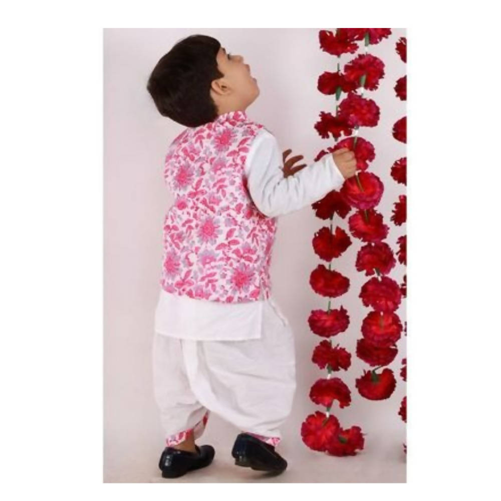 Little Bansi Boys Pink and White Color Bengali Kantha work floral Jacket with Kurta and Dhoti | Grocsy