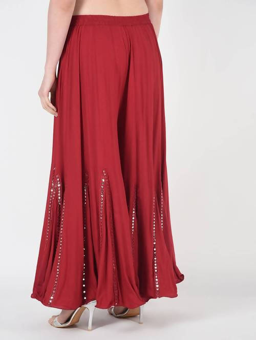 Mominos Fashion Maroon Viscose Rayon Flared Palazzo with Mirror Lace Work | Grocsy