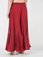 Mominos Fashion Maroon Viscose Rayon Flared Palazzo with Mirror Lace Work | Grocsy