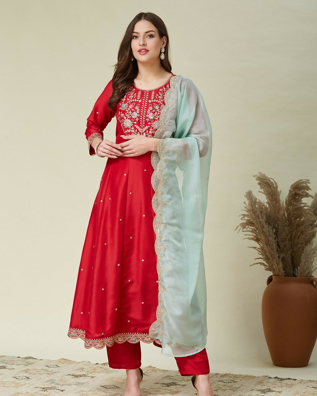 The52 Women's Beautiful Vichitra Fabric Embroidery Work Flared Anarkali Pant and Dupatta Set | Grocsy