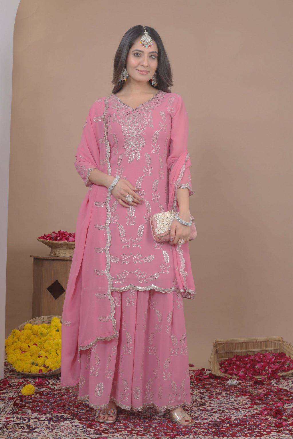 The52 Women's Gorgeous Embroidery Work Fox Georgette Fabric Straight Kurta Sharara and Dupatta Set-Pink | Grocsy