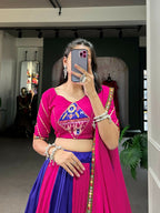 Vastranavya Navaratri Special Rayon with Printed Patch With Gota Patti And Paper Mirror Work And Cowrie (Kodi) Lace Touch Up Lehenga with Stitched Blouse - Royal Blue | Grocsy