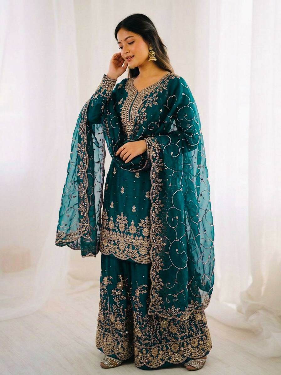 Teeya Creation Morpich Color Gymmi Silk Embroidery Work Wedding Wear Sharara Set | Grocsy