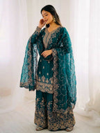 Teeya Creation Morpich Color Gymmi Silk Embroidery Work Wedding Wear Sharara Set | Grocsy