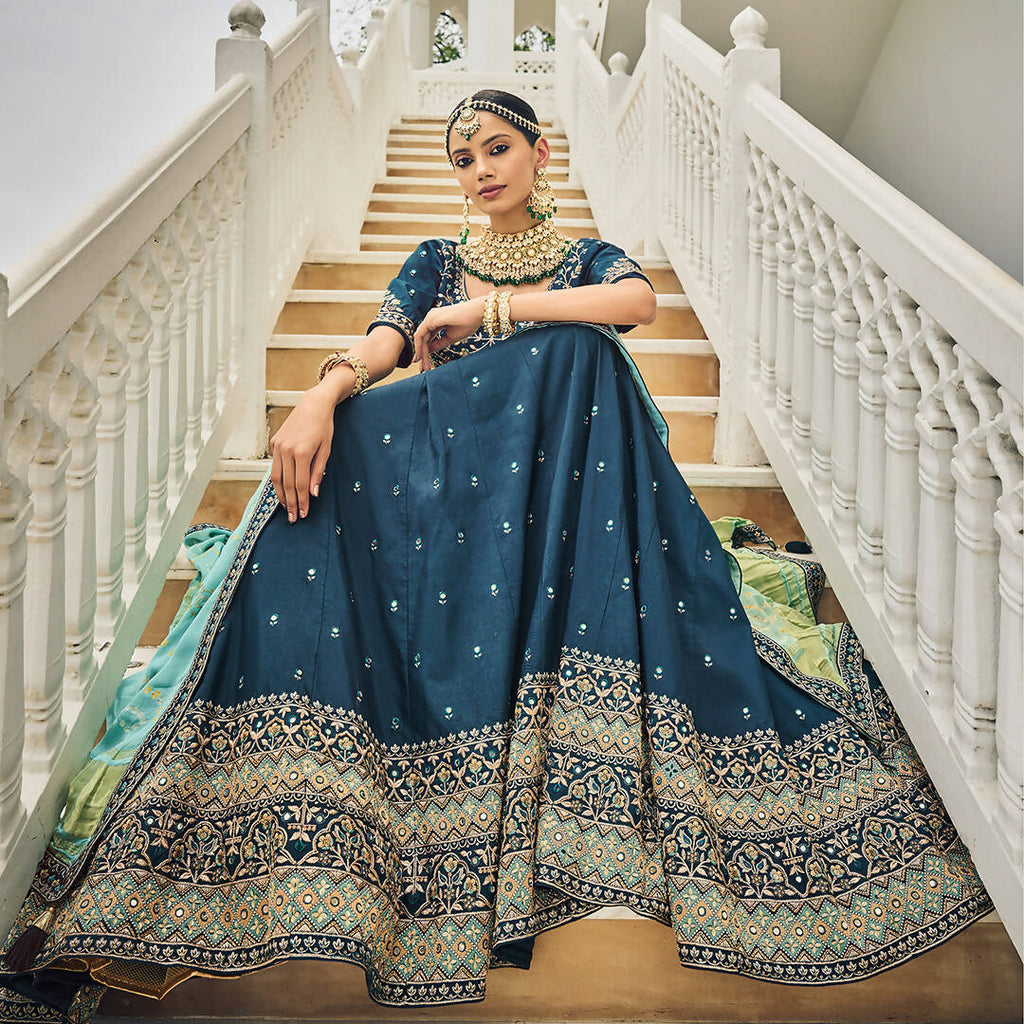 Navy Blue Heavy Viscose Khatli, Embroidery & Mirror Work Unstitched Lehenga Choli - Sisha Keshav | Grocsy