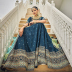 Navy Blue Heavy Viscose Khatli, Embroidery & Mirror Work Unstitched Lehenga Choli - Sisha Keshav | Grocsy