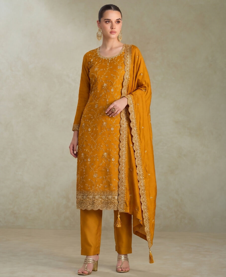 KC Yellow Silk Straight Suit For Women Heavy Embroidery Work | Grocsy