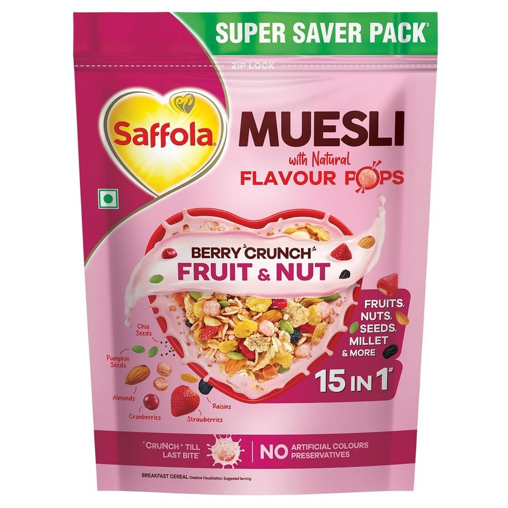 Saffola Muesli Fruit & Nut Berry Crunch with Flavour Pops | Grocsy