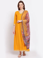 Myshka Women's Yellow Printed Silk Blend 3/4 Sleeve V Neck Casual Kurta Dupatta Set | Grocsy