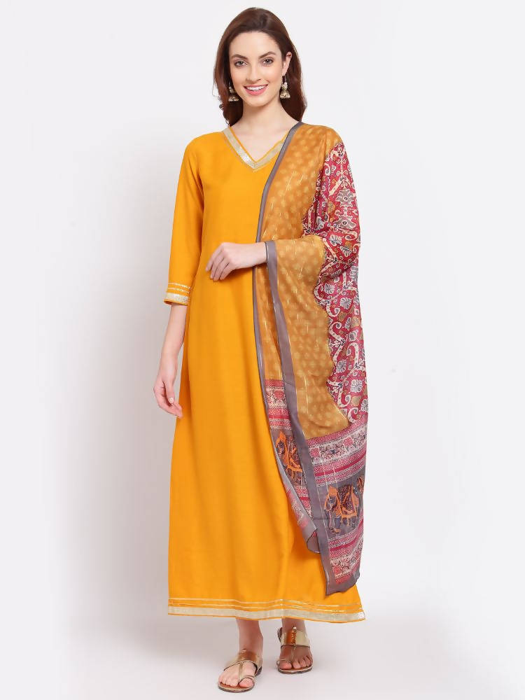 Myshka Women's Yellow Printed Silk Blend 3/4 Sleeve V Neck Casual Kurta Dupatta Set | Grocsy