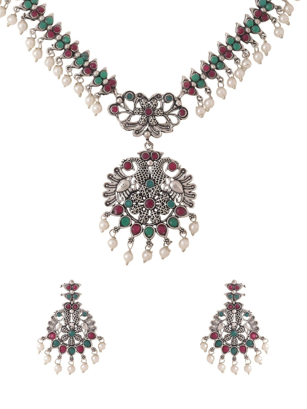 NVR Women Stone Studded Oxidised Silver Jewellery Set | Grocsy