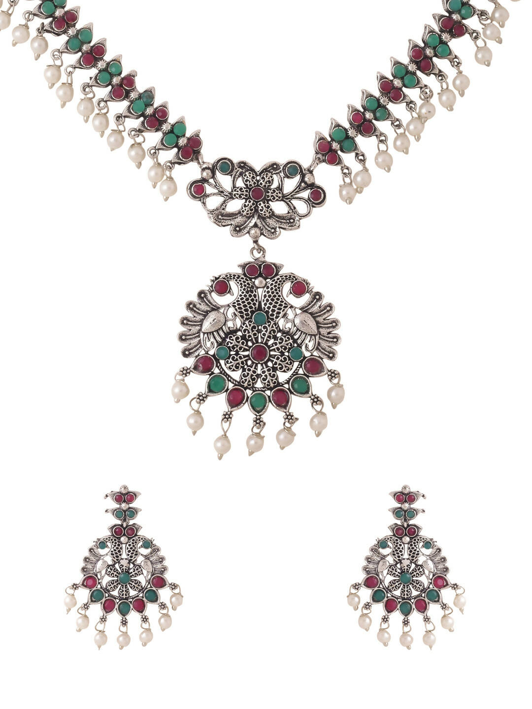 NVR Women Stone Studded Oxidised Silver Jewellery Set | Grocsy