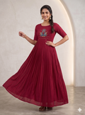 Teeya Creation Women's New Trendy Rani Pink Pleated Maxi Dress with Intricate Peacock Beadwork | Grocsy