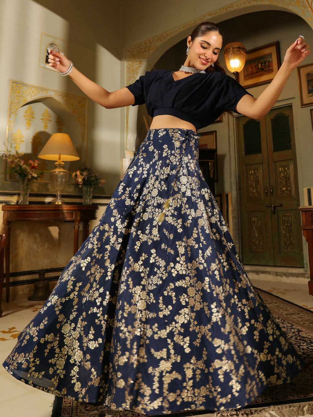 Janasya Navy Blue Silk Blend Solid Lehenga Choli | Grocsy