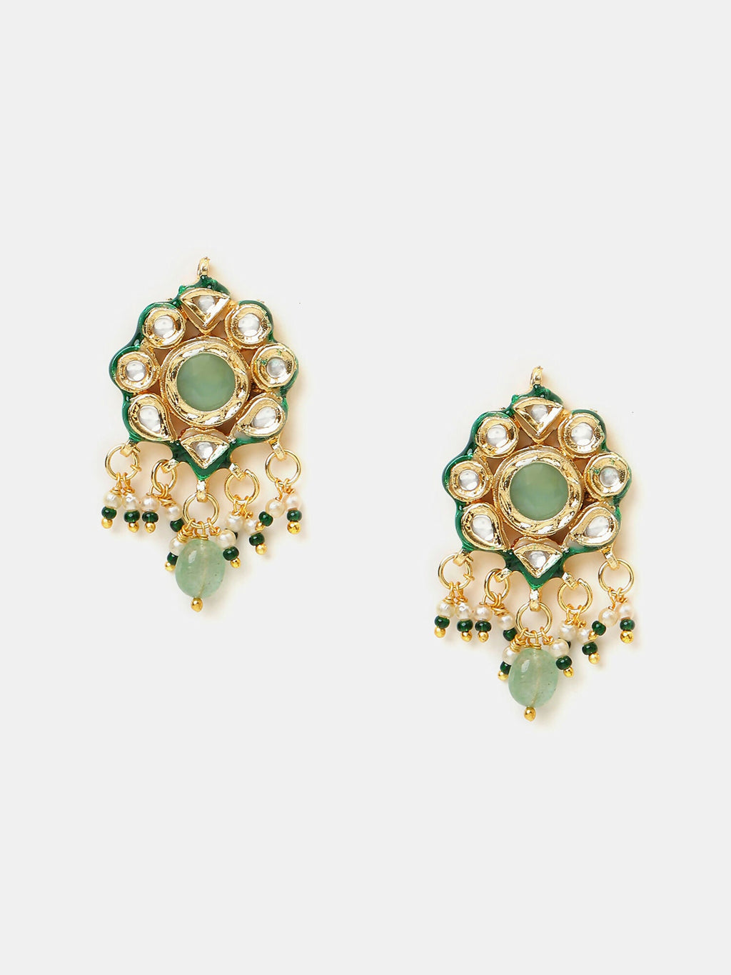 Ruby Raang Green-Gold Kundan Neck Piece With Matching Earrings And Maang Tikka | Grocsy