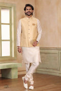 Raivat Ethnic Jacquard Banarasi Silk Woven Work 3 Pics Jacket Set In Beige Colour | Grocsy