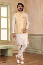 Raivat Ethnic Jacquard Banarasi Silk Woven Work 3 Pics Jacket Set In Beige Colour | Grocsy