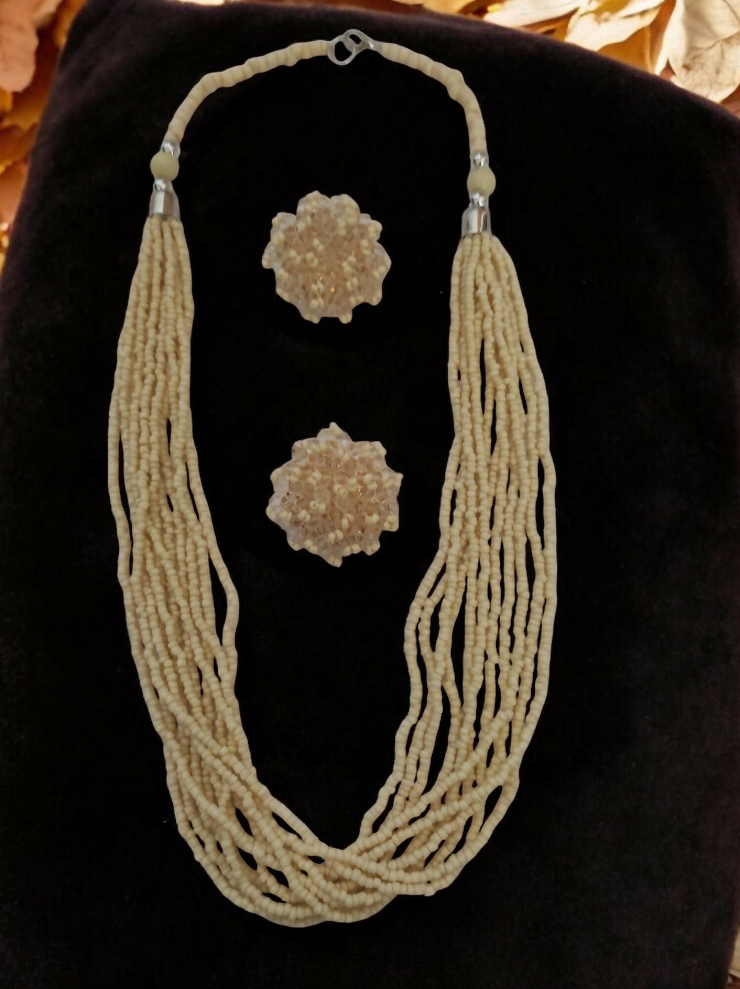 Inhanns Bloom Handmade Beaded Necklace With Earrings - 12 Layers - Cream Necklace Set | Grocsy