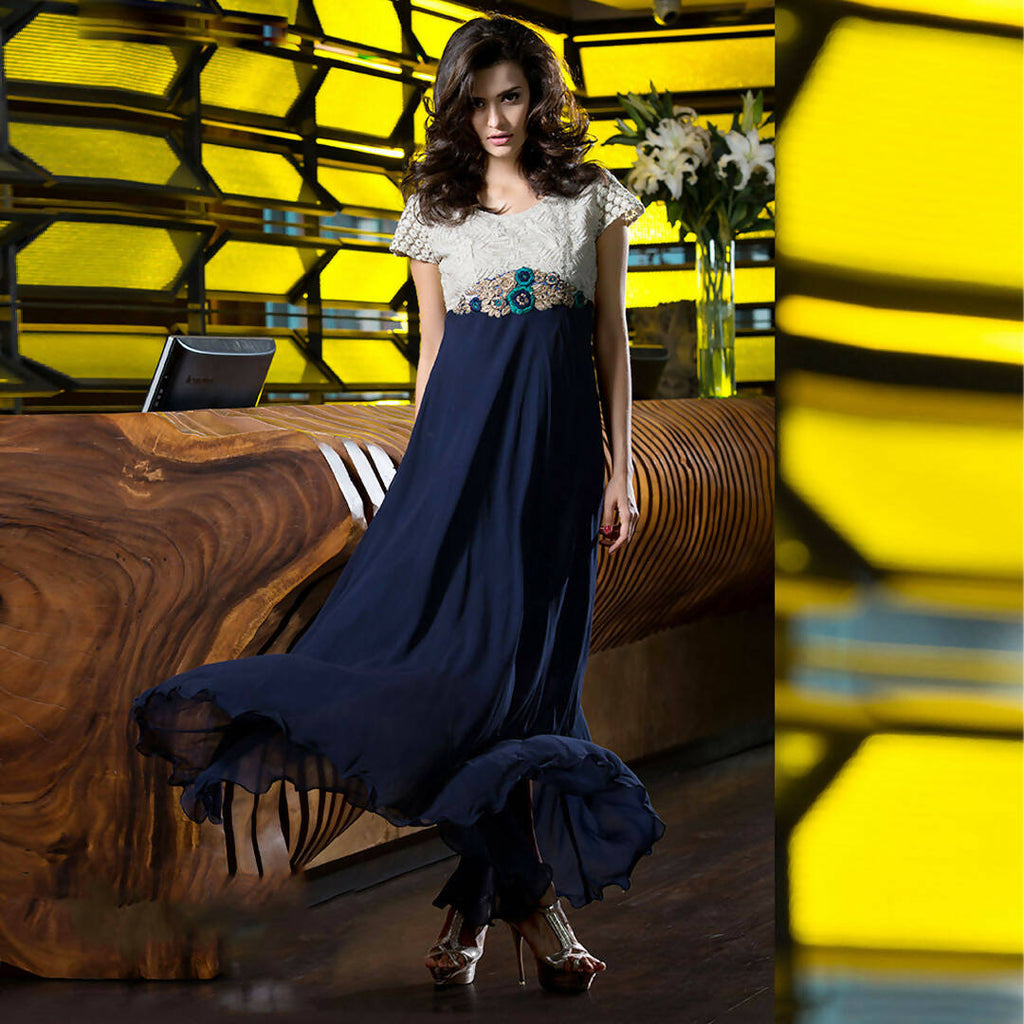 Blue Georgette Floral Embroidered A-line Kurti - Missy | Grocsy