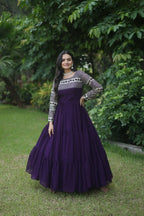 Jyoti Fashion Women's Purple Sequins Zari Embroidered Faux Georgette Anarkali Dress | Grocsy