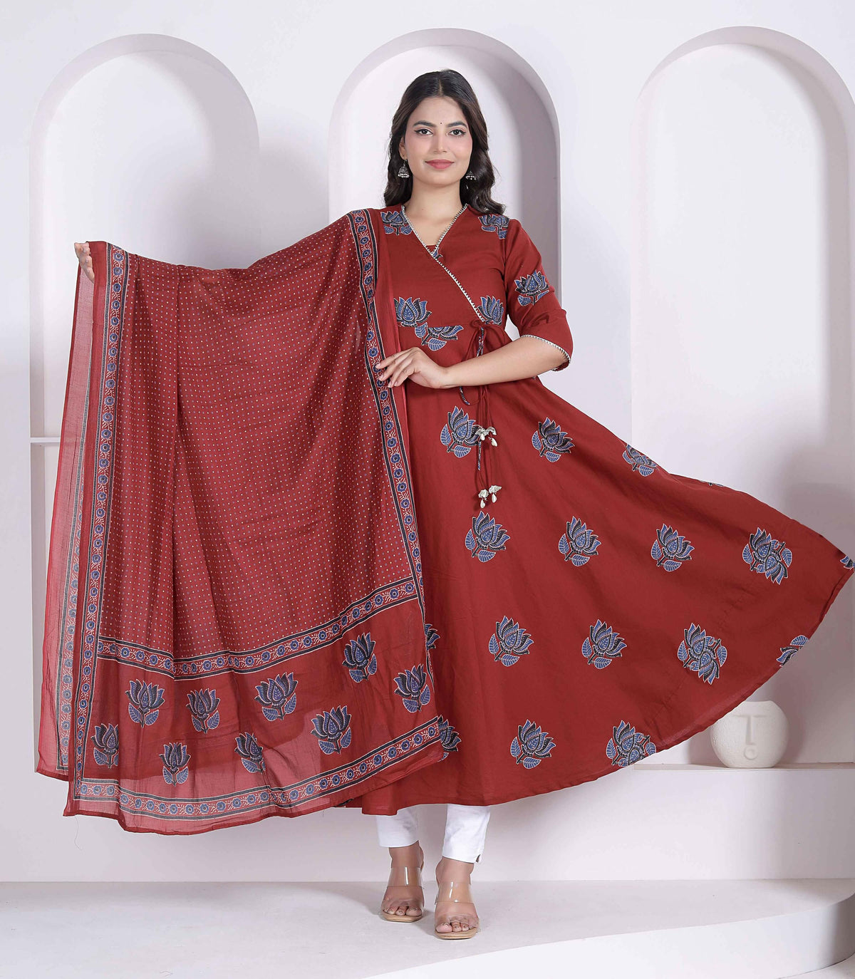 Miravan Women Rust Floral Printed Angrakha Kurta And Dupatta | Grocsy