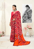 Red Georgette Geometric Printed Saree With Unstitched Blouse Piece - Jyoti | Grocsy
