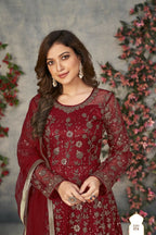 Anaita Maroon Embroidered Net Stitched Anarkali suit | Grocsy