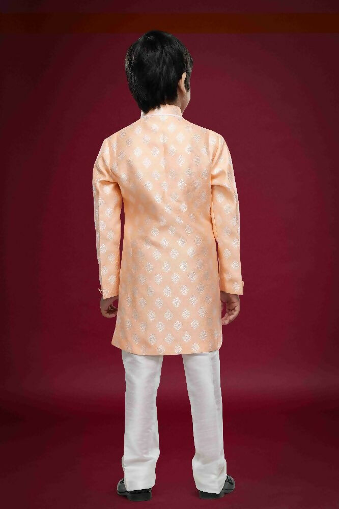 Raivat Ethnic Kids Banarasi Jacquard Woven Work Semi Indo Western Set Peach Colour | Grocsy