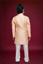 Raivat Ethnic Kids Banarasi Jacquard Woven Work Semi Indo Western Set Peach Colour | Grocsy