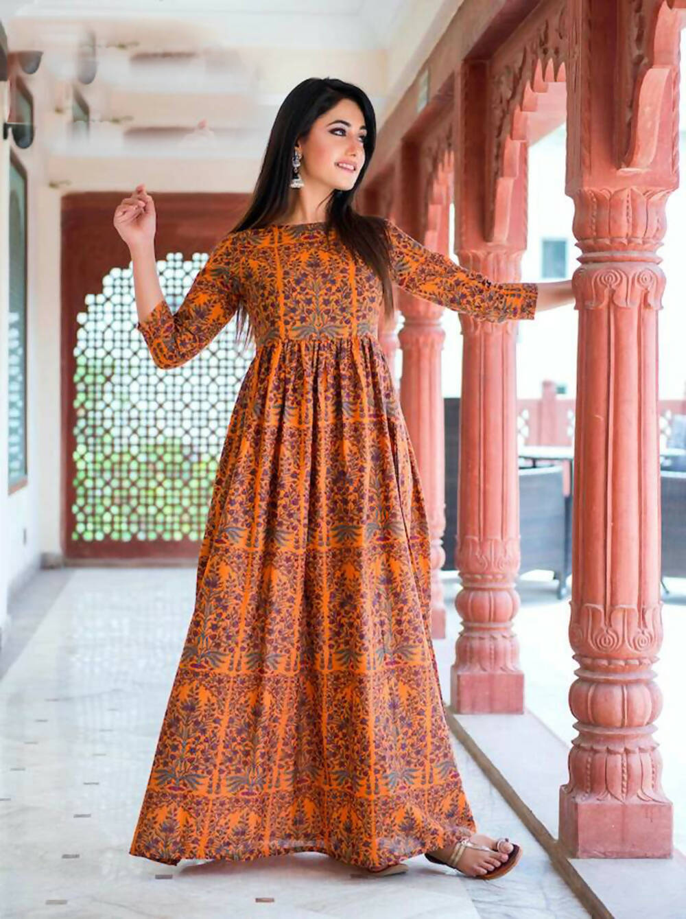 Designer Partywear Printed Dark Coral Pure Maslin Gown - Anbazaar | Grocsy