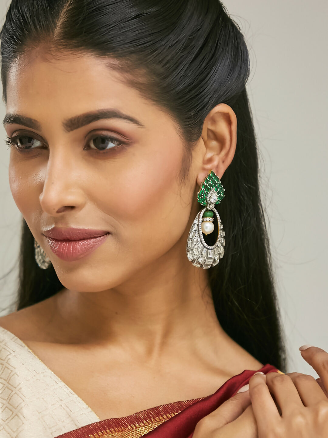Nuyug 22K Gold-Plated Zircon Studded & Pearl Teardrop Shaped Dangler Earrings | Grocsy