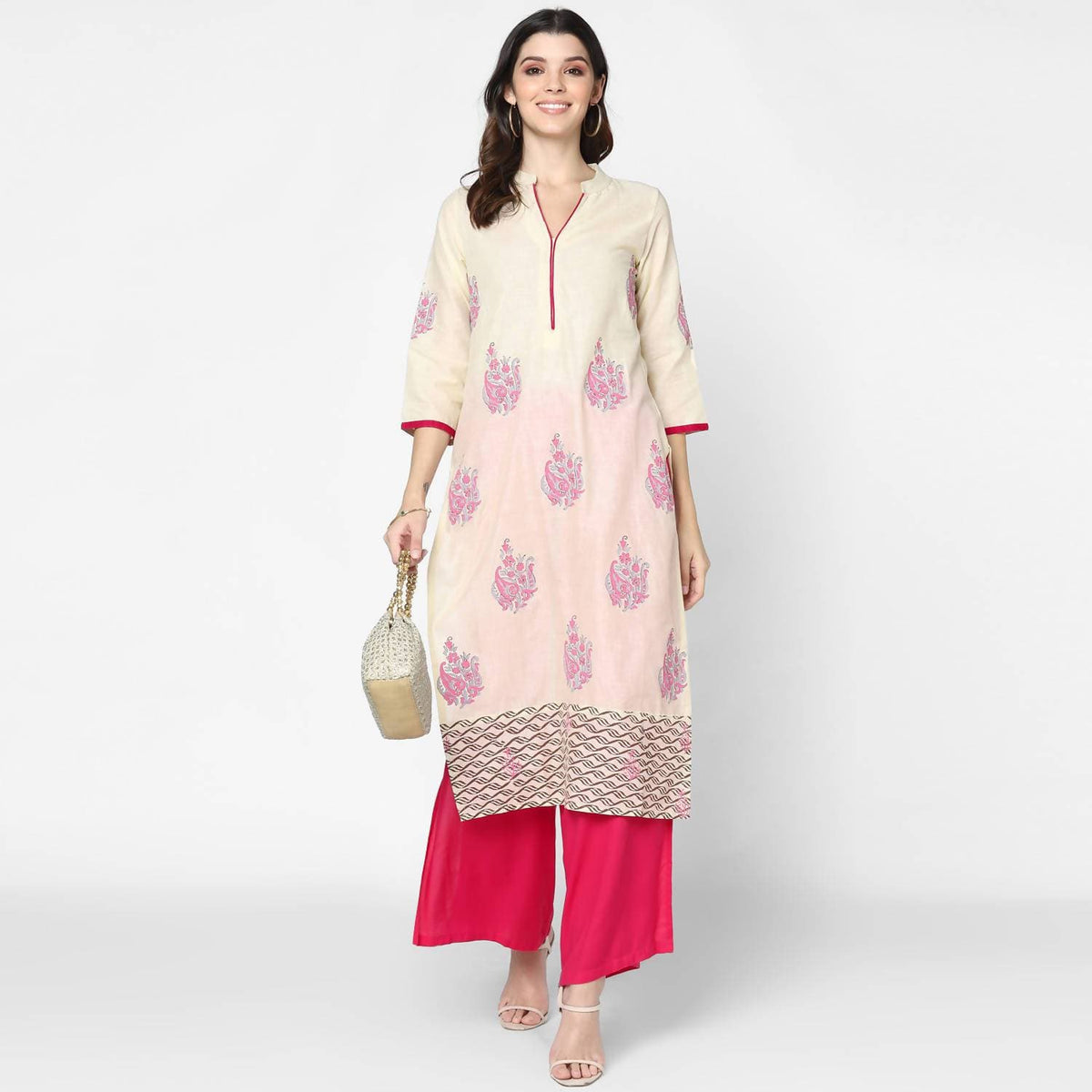 Cheera Hand Block Print Cream Straight Kurta (MAAI-061K) | Grocsy