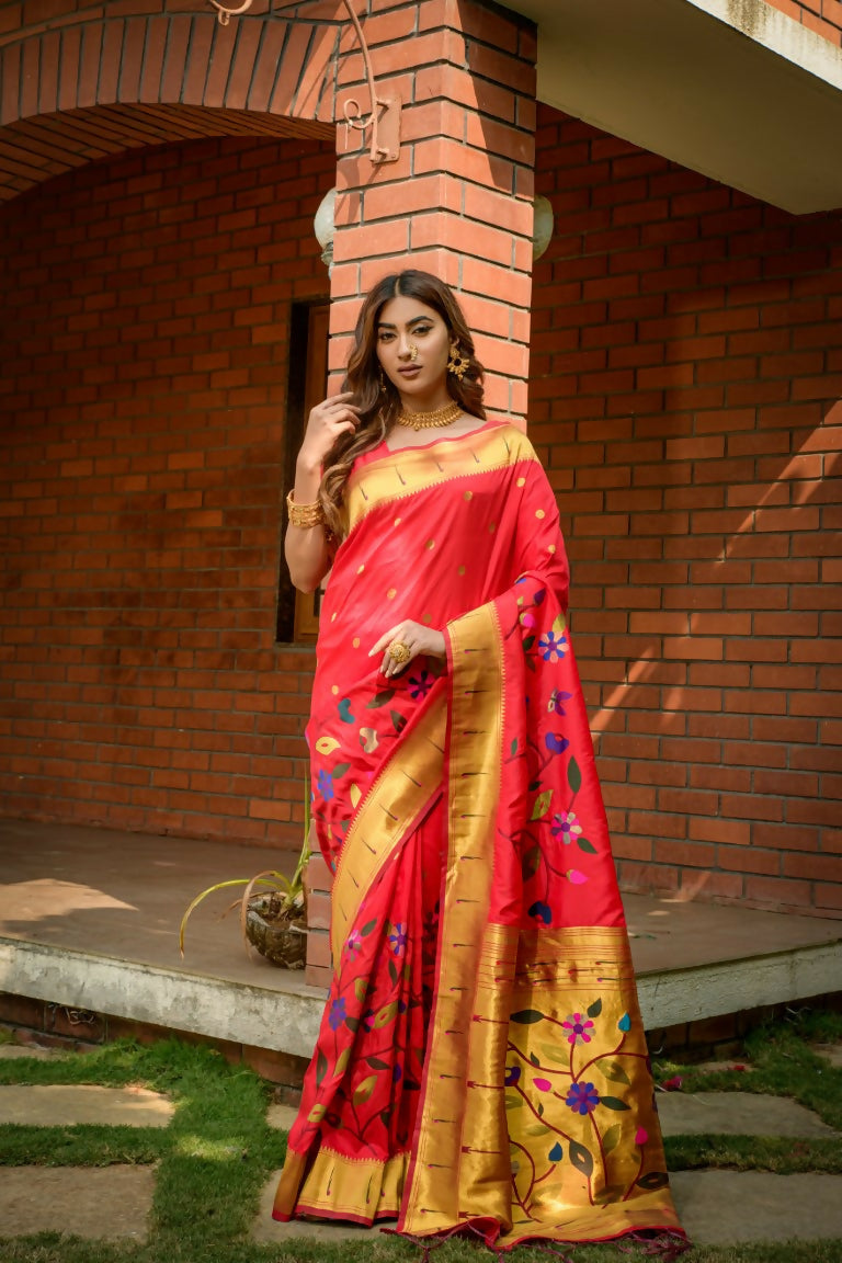 Jyoti Fashion Women's Gajri Red Paithani Silk Zari Woven Saree with Blouse | Grocsy