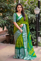 Green Jute Silk Ethnic Motifs Saree with Unstitched Blouse - A2M | Grocsy