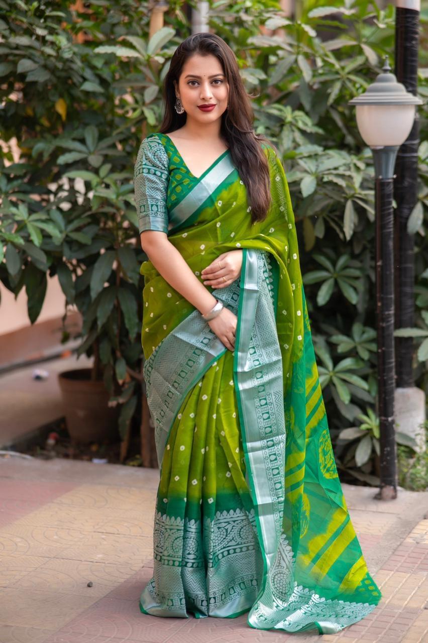 Green Jute Silk Ethnic Motifs Saree with Unstitched Blouse - A2M | Grocsy