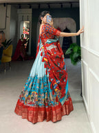 Vastranavya Kalamkari Print With Weaving Border Lehenga with Unstitched Blouse - Sky Blue | Grocsy