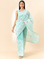 Blue Organza Paisely Embroidered Saree with Unstitched Blouse Piece - Roozal | Grocsy