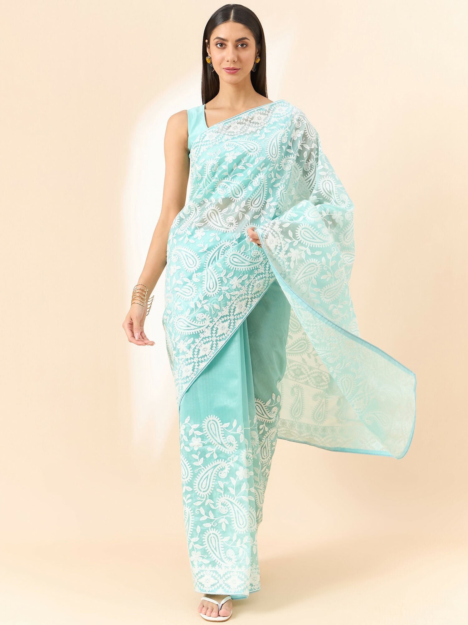 Blue Organza Paisely Embroidered Saree with Unstitched Blouse Piece - Roozal | Grocsy