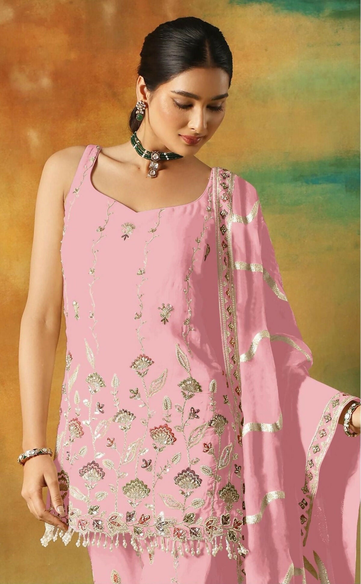 Anaita Baby Pink Heavy Fox Georgette Suit With Embroidery Work | Grocsy