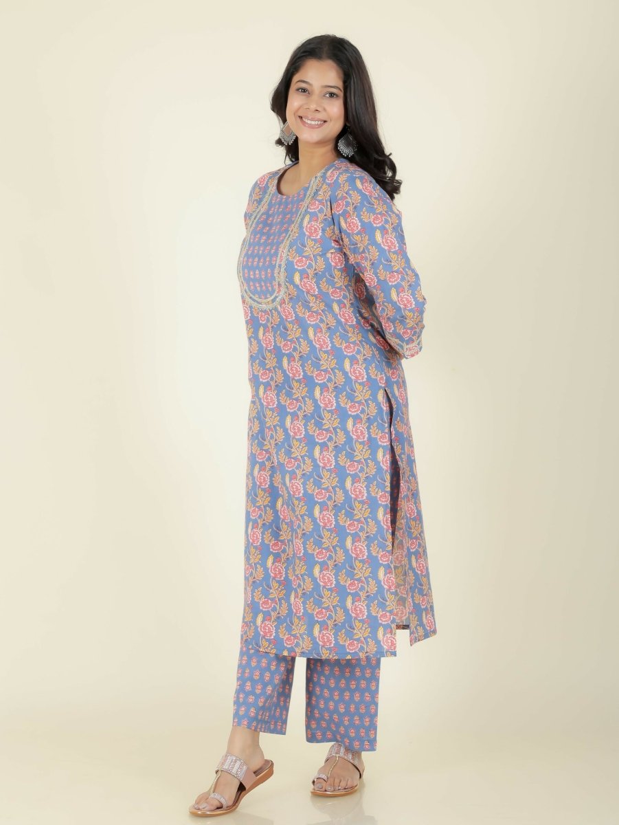 Aramya Straight Soft Cotton Floral Print Women's Kurta - Blue | Grocsy